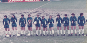 England line up before the European Championship final 2nd leg, Luton 1984, including Wiseman, Thomas, Hanson, Gallimore, Pearce, Coultard, Deighan, Bampton, Curl, Davis, Chapman, Powell, Turner, Sempare, Parker, Irvine