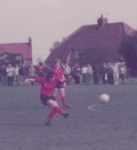Thomas in action in the 1984 WFA Cup Semi Final for Rowntrees Ladies against Debbie Bampton’s Howbury Grange