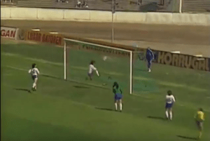 Thomas makes a spectacular goal line clearance to keep England in the 1st leg of the 1984 European Championship against Sweden in the Ullevi Stadium, Gothenburg