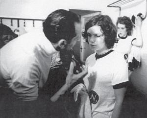 Germany boss Heinz Schweden imparts some half-time instructions to Martina Arzdorf
