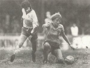 Deighan (left) making a splash at the Euro 84 final in Luton